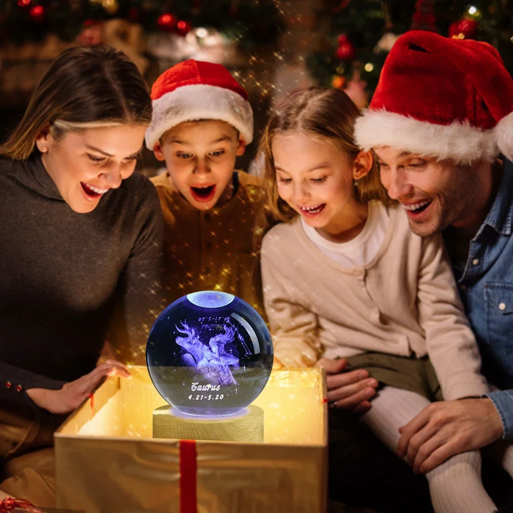 Romantic 12 Constellation Crystal Ball with LED Lighting Sphere Stand Holder Laser Engraving Glass Ball Birthday Gift Home Decor