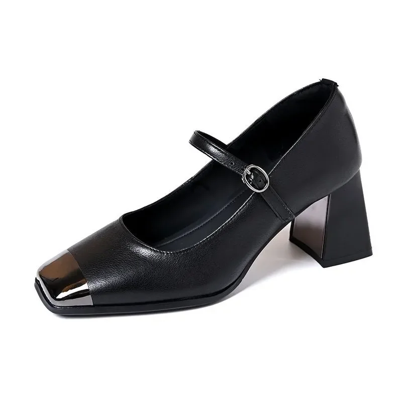 Zapatos de mujer Damenmode-Schuhe mit runder Spitze, schwarz, hochwertige Schnalle, Riemen, quadratischer Absatz, Schuhe für Bürodame, sexy rote Absätze, A624