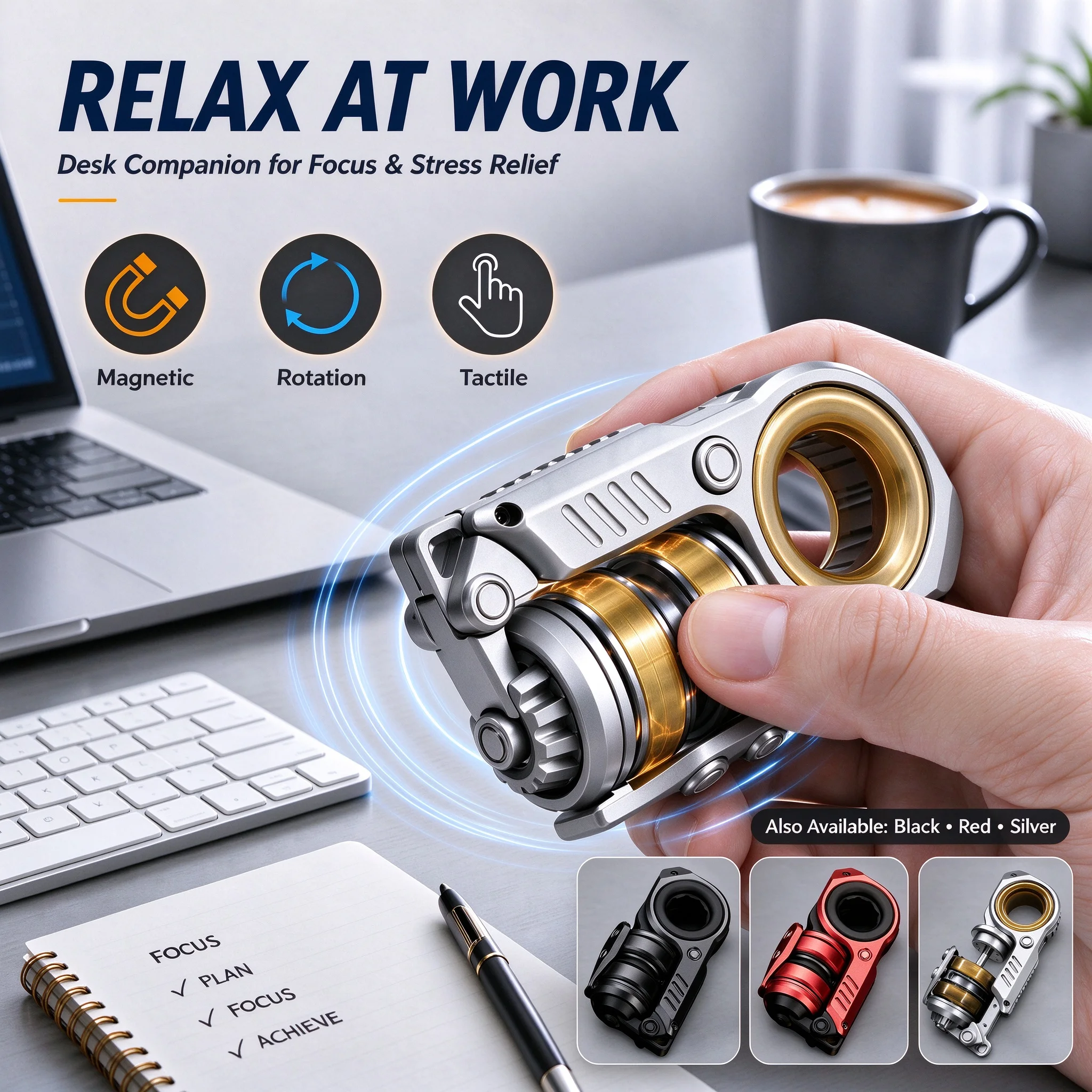 SIHAO 3-in-1 Magnetic Alloy EDC Fidget Toy Spin Slide Press Mechanical Tactile Stress Relief Pocket Fidget Spinner for Adults