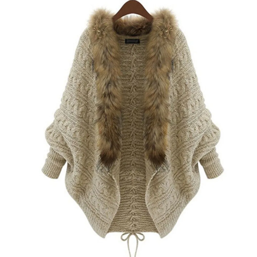 

Women Y2K Vintage Faux Fur Collar Batwing Sleeve Cardigan Autumn Winter Oversized Knitted Cropped Sweater Jacket Retro Outerwear