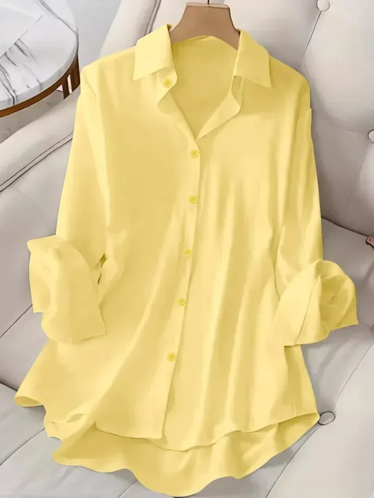 Grande taille femmes chemises 2025 été ample décontracté hauts à la mode élégant Style coréen solide doux mignon Blouses simple boutonnage revers