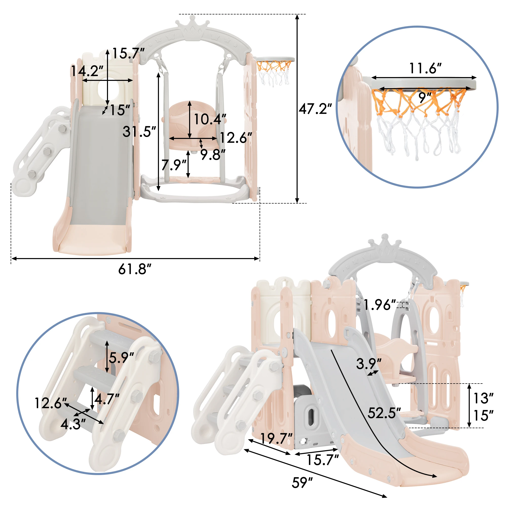 Ensemble toboggan et balançoire pour tout-petits, 5 en 1, aire de jeux pour enfants, ensemble de jeu toboggan avec panier de basket, bloc autoportant pour bébés