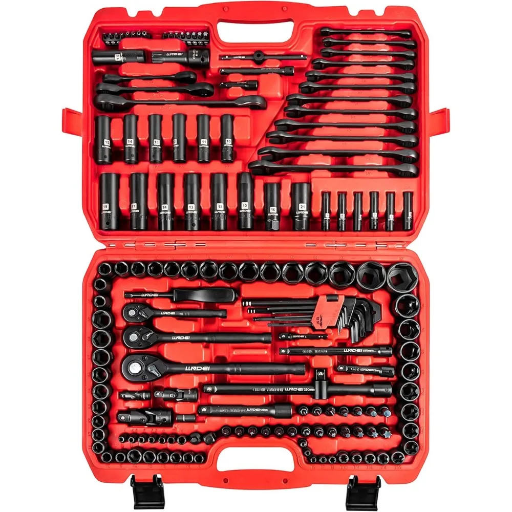 

LLNDEI 160-Piece Mechanics Tool Set, Metric Socket Set 1/2 1/4 3/8 inch Drive Professional Tool Kit, CR-V Deep & Shallow Kit wit