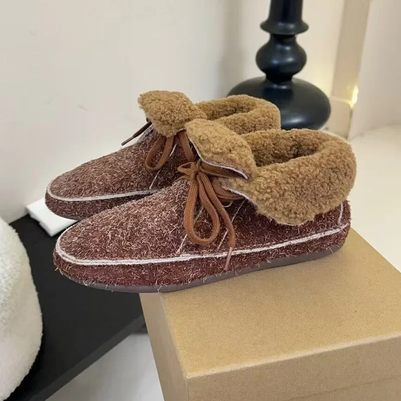 2025 Ankle Botas Mujer Winter Wool Lining Keep Warm Retro Flat Bottom Snow Boots Women's Round Toe Lace-up Design Short Boots