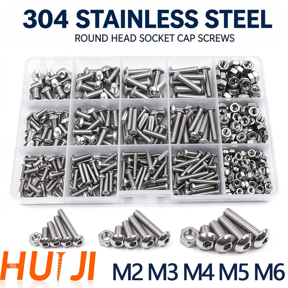 M2 M3 M4 M5 M6 304 Stainless Steel Hex Socket Allen Screw Nut Kit Round Button Head Hexagonal Bolts Nuts Set Metric Threaded