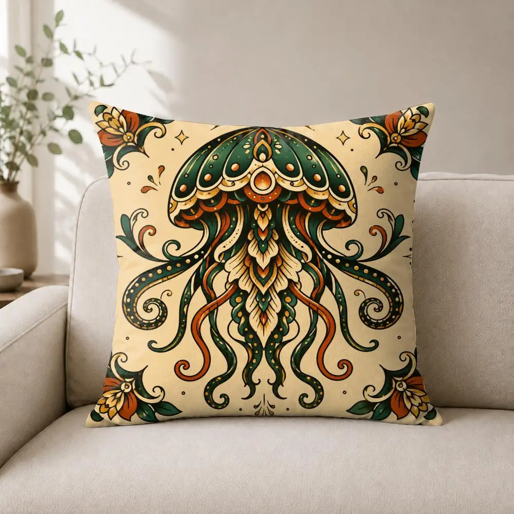 Oceanic Myth Tattoo Cushion Cover Soft Plush Cushion Case Throw Pillowcase Cozy Home Sofa Bed Living Room Bedroom Decor