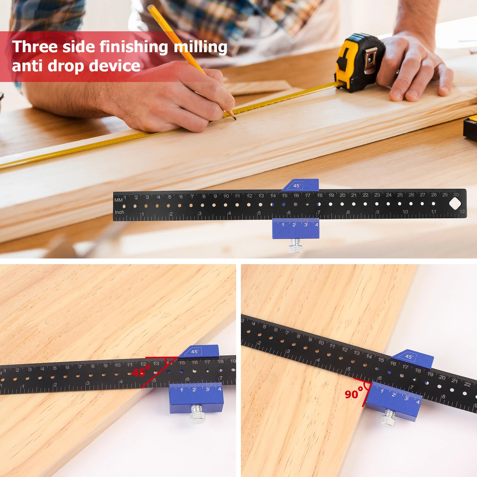 Woodworking Ruler Precision Pocket Metal Slide Rule Inch and Metric T-Type Scribing and Square Ruler for Marking and Measuring