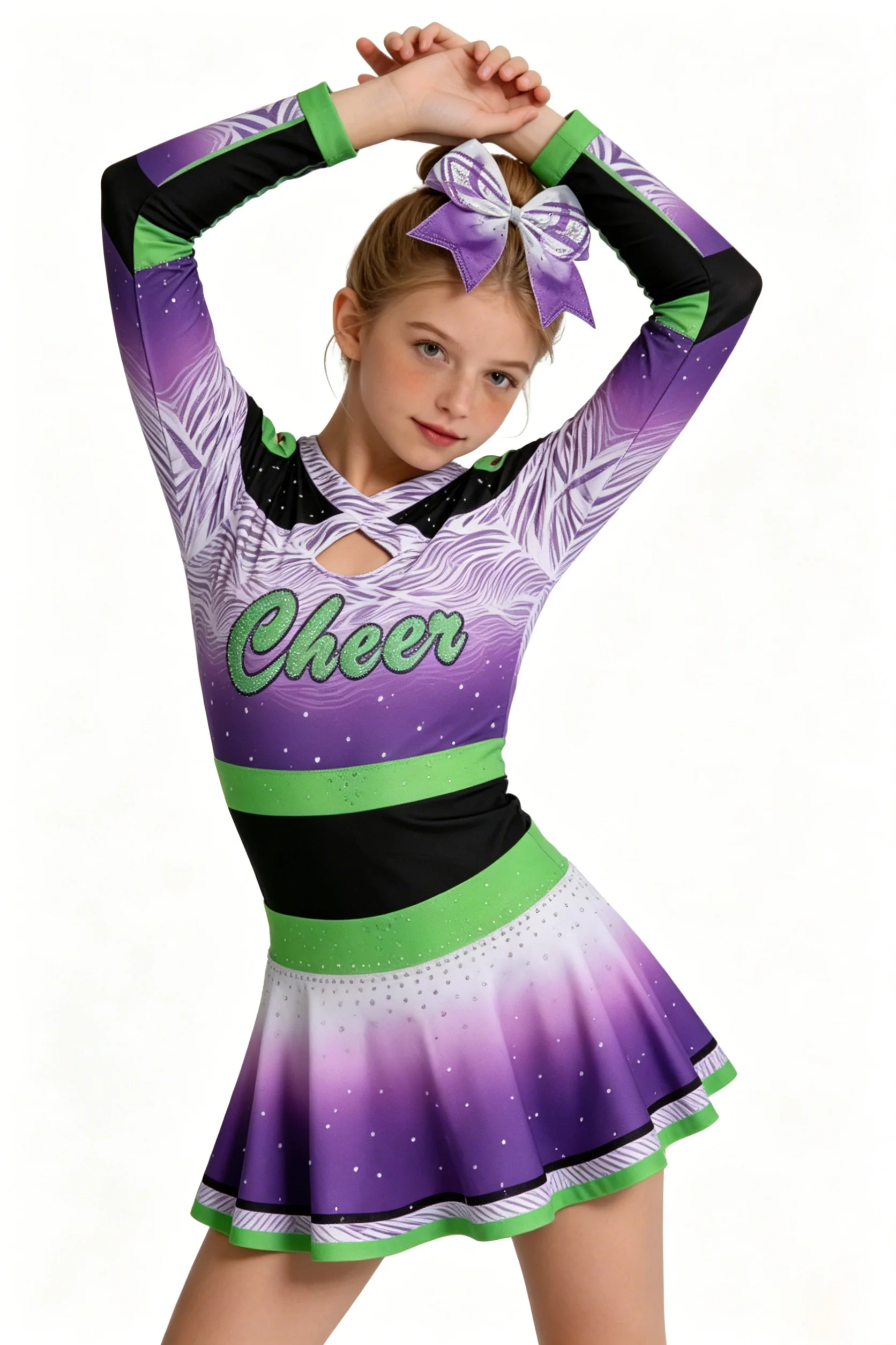 Purple Gradient Cheerleader Dress Bow Girls Cold Shoulder Long Sleeve Rhinestone Cheer Outfit Competition Performance Costume