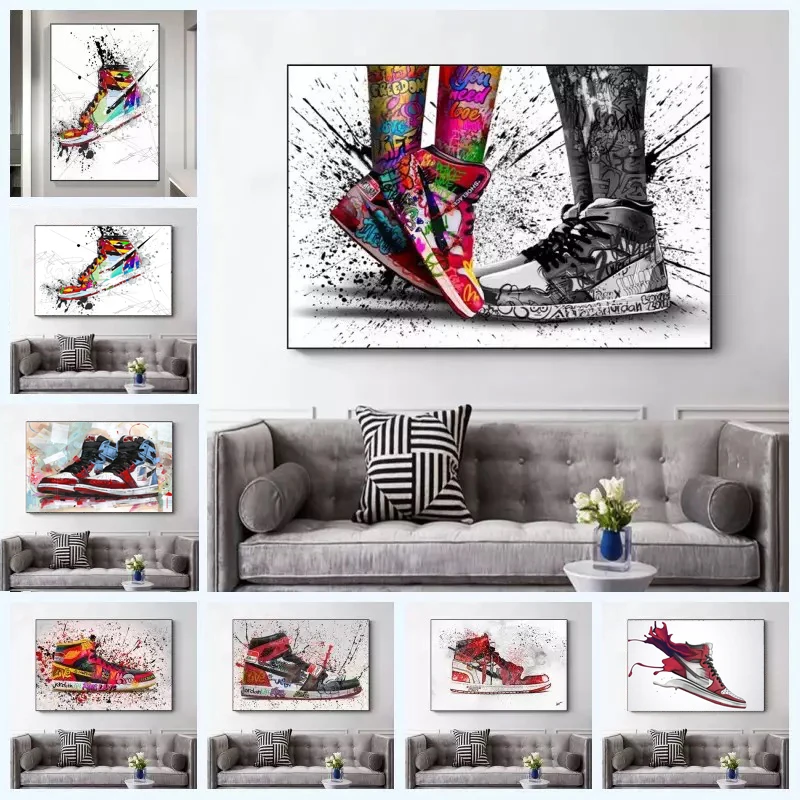 Fashion Graffiti Abstract Sports Shoes Watercolor Street Printing Canvas Shoes Series Wall Painting Mall Posters Home Decoration