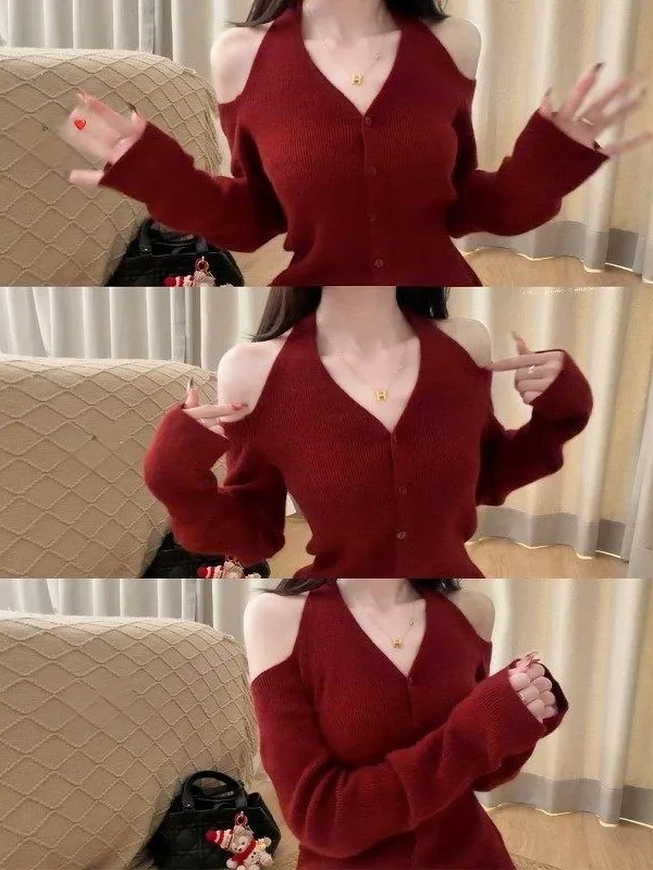 

Красный вязаный свитер с V-образным вырезом, женский, облегающий, с открытыми плечами, в корейском стиле, новогодняя модная весенняя одежда