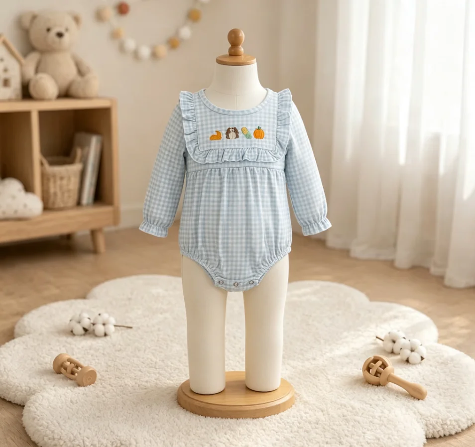 Wholesale Kids Newborn Coverall Bodysuit Baby Girl Toddler Thanksgiving Children Embroidery Pumpkins turkey Plaid Bubble Romper