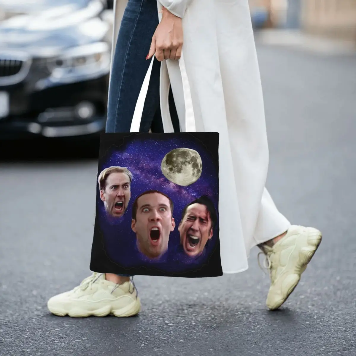 Nicolas Cage Moon Meme sacolas femininas, bolsa de lona, bolsa de ombro, bolsa de compras casual