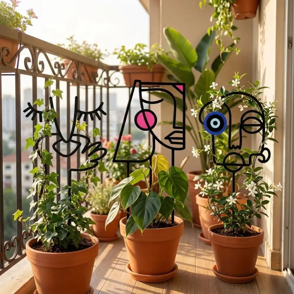 Abstract Line Plant Climbing Trellis Geometric Face Human Face Shaped Vine Climbing Rack Iron Art Strong Load Bearing