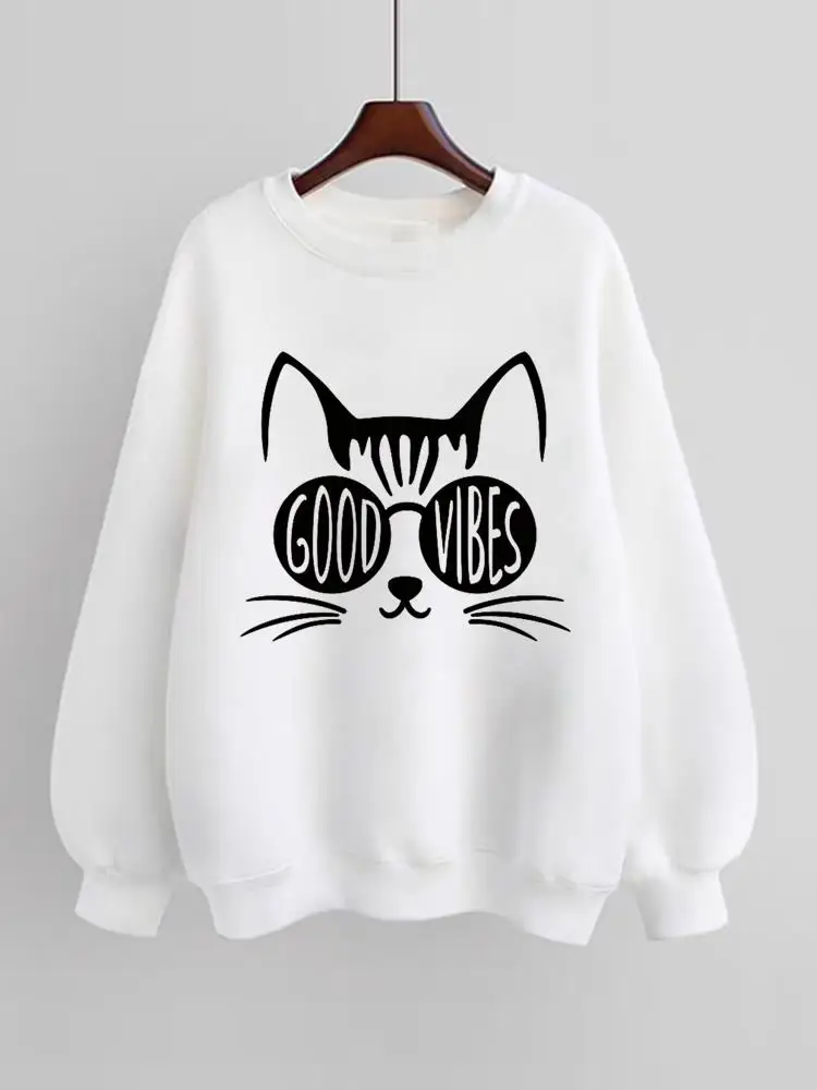 

Cat Face Lovely 90s Trend Cute Women Fleece Female Fashion Pullovers Print Long Sleeve Clothes Clothing Graphic Sweatshirts