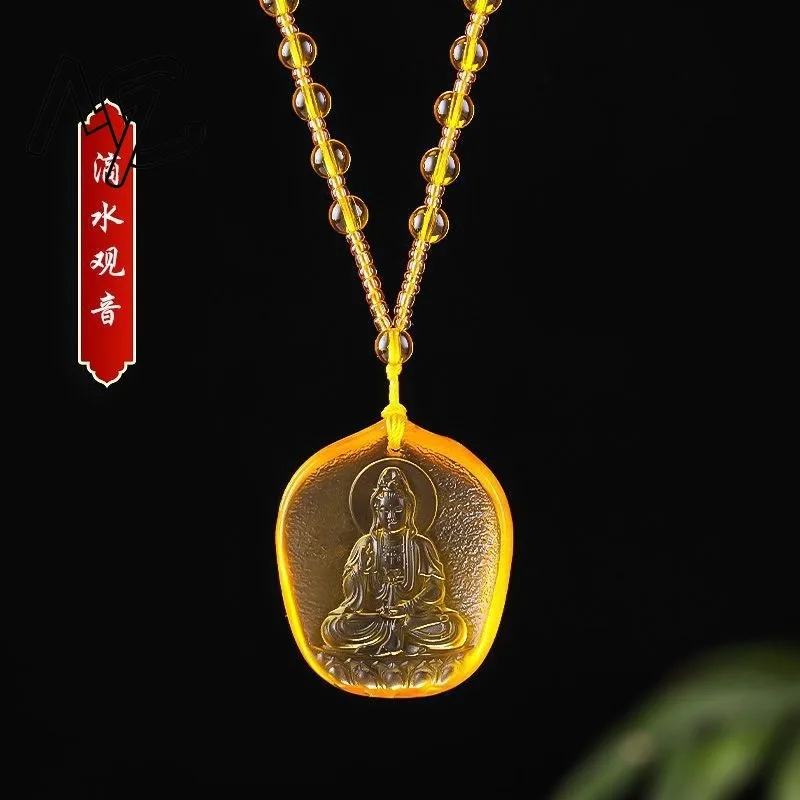 Chinese Yellow crystal Water Droplet Guanyin Bodhisattva Pendant Jewellery Fashion Hand-Carved Accessories DIY Women Man Amulet view 3