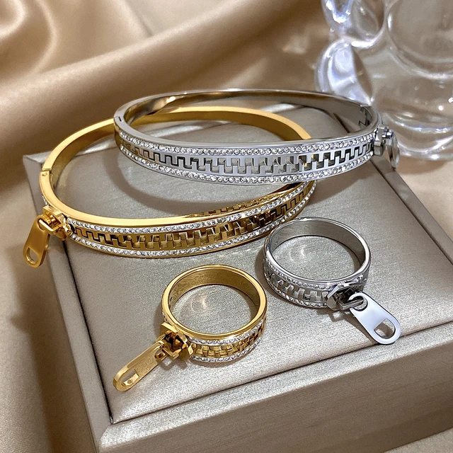 Greatera Zipper Cubic Zircon Filled Sparkly Buckle Bransoletka Pierścionek dla mężczyzn Osobowość Projekt Biżuteria damska ze stali nierdzewnej