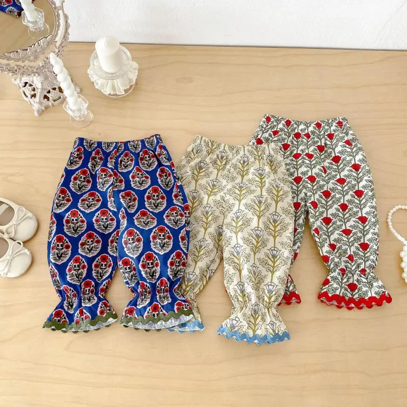 2026 Summer New Girls Floral Mosquito Proof Pants Baby Girl Sweet Lace Casual Pants Toddler Thin Trousers Cotton Kids Clothes