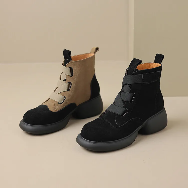 2023New Colorblock Coarse Heel Women's Martin Boots Round Toe Single Boot Thick Sole Thin Short Boots Reverse Fleece Short Boots