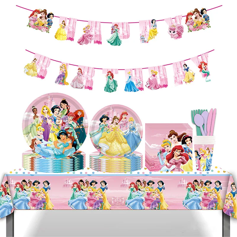 Disney Princess Party Supplies สาววันเกิดตกแต่งถ้วยกระดาษผ้าเช็ดปากผ้าปูโต๊ะบอลลูนบนโต๊ะอาหาร Baby Shower