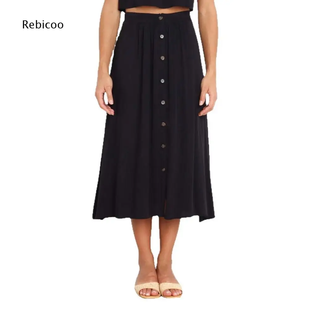 Simple Style A Line Midi Skirt For Women With Front Button Construction For Outdoor Trips And Casual Inspired Daily Outfits