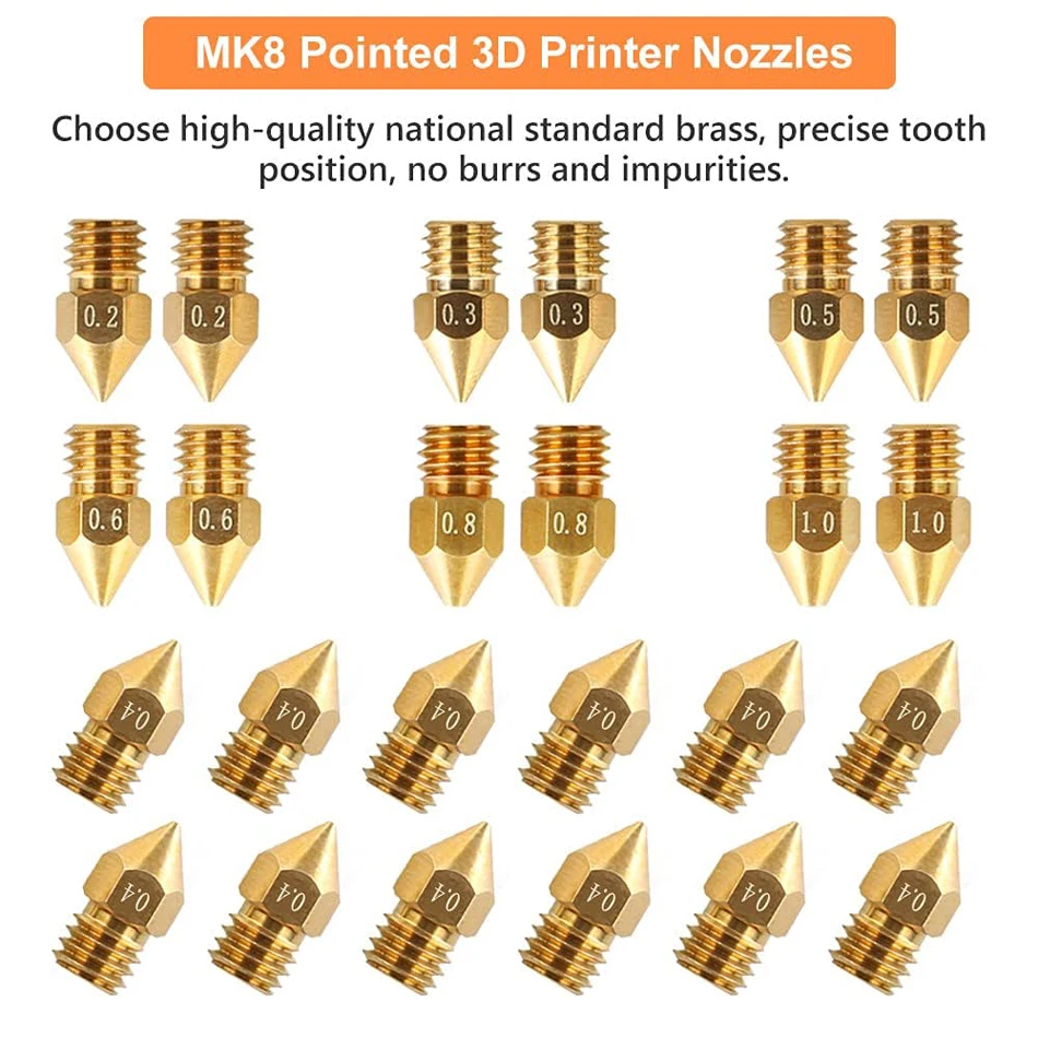 MK8 Ender 3 Boquillas 24 piezas Impresora 3D Boquillas de latón Extrusora para Ender Serie 3 Creality CR-10 0,2 mm, 0,3 mm, 0,4 mm, 0,5 mm, 08 mm