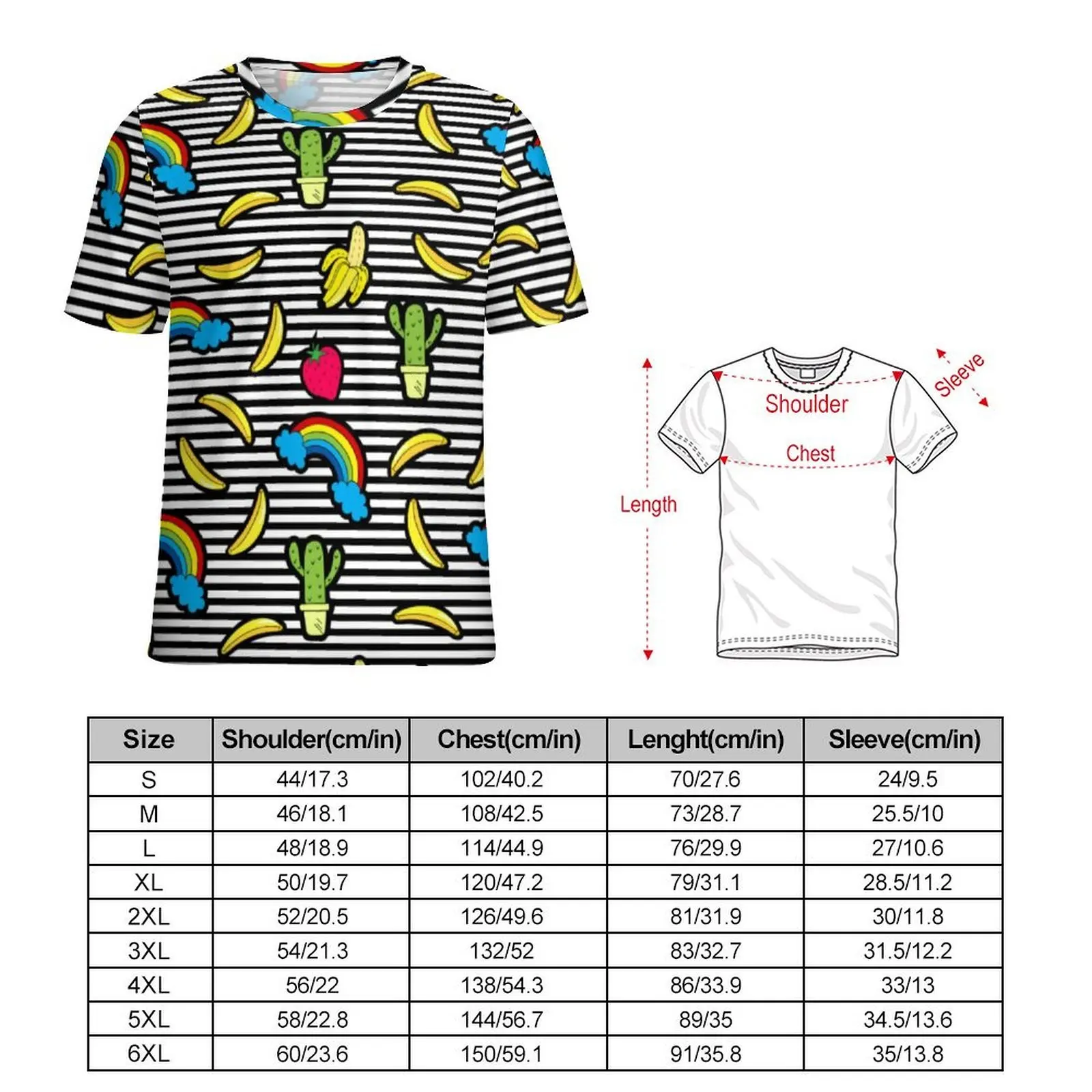 Man Cactus Rainbow Fruit T-Shirt Black White Stripes Fashion T-Shirts Short Sleeve Tshirt Hot Beach Streetwear Oversize Clothing
