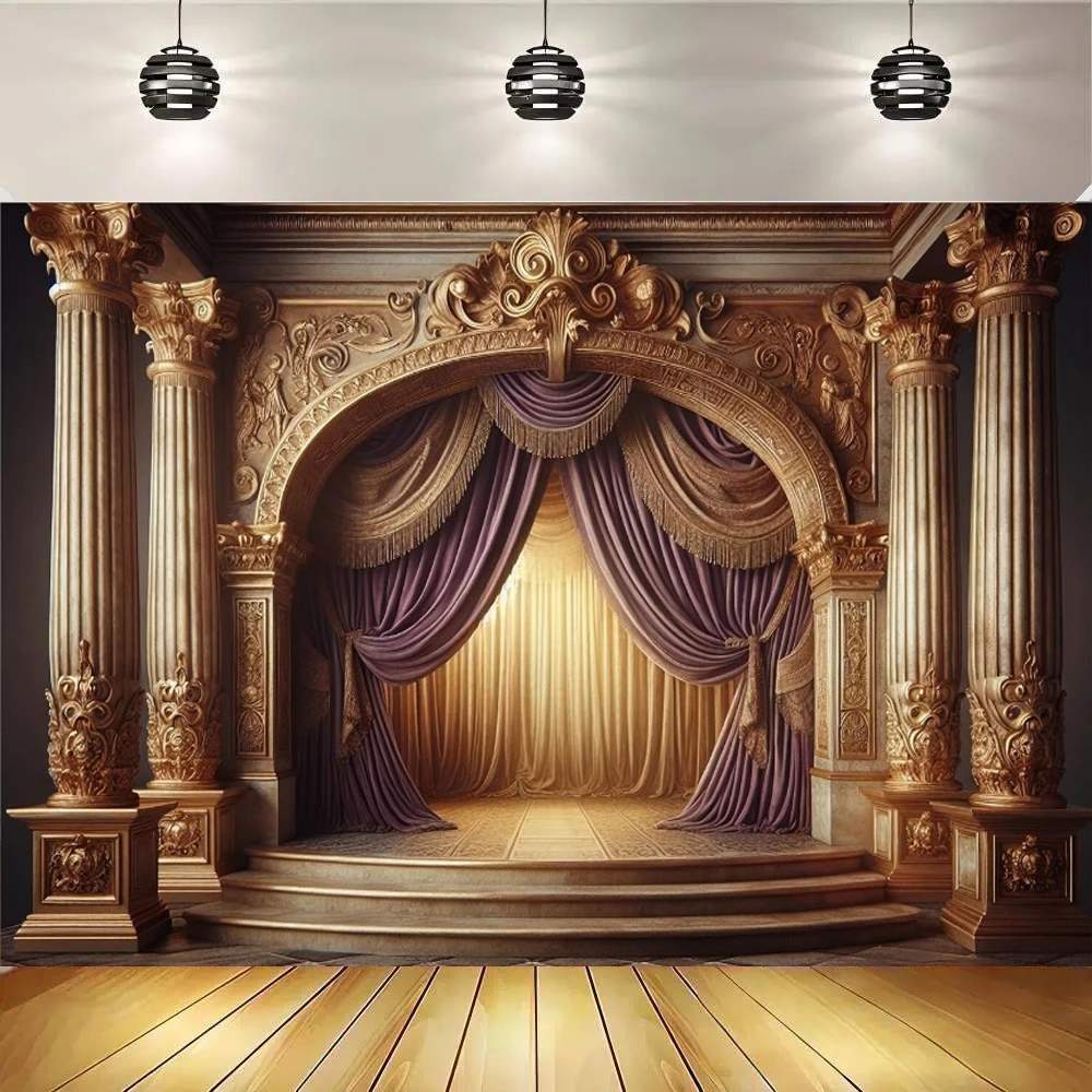 Luxury Golden Stage Backdrop Elegant Decoration Purple Curtain Roman Columns Background for Theater Theme Wedding Party Decor