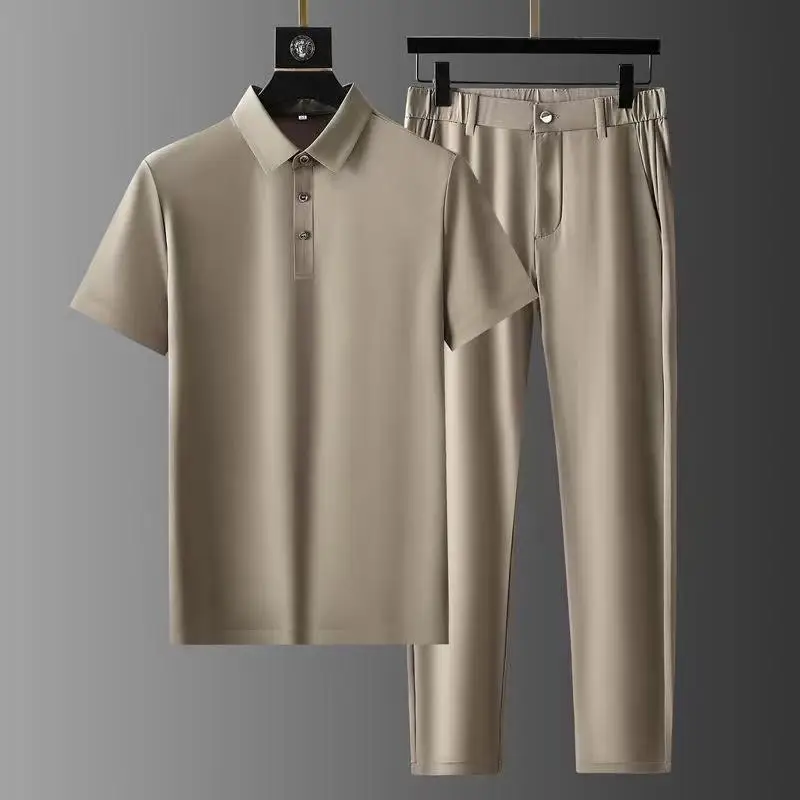 Conjunto de dos piezas de camisa Polo a rayas de seda de hielo para hombre, traje de pantalones de manga corta informal de negocios de alta gama,