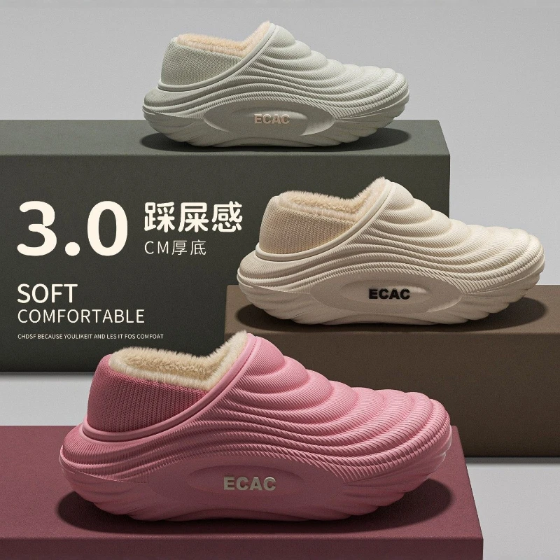 冬用暖かいスリッパ-レディース-メンズ-プラッシュファー裏地付き-ソフトフラット-滑り止め-室内用-家庭用-レザー-防水-カップル用-アウトドアシューズ