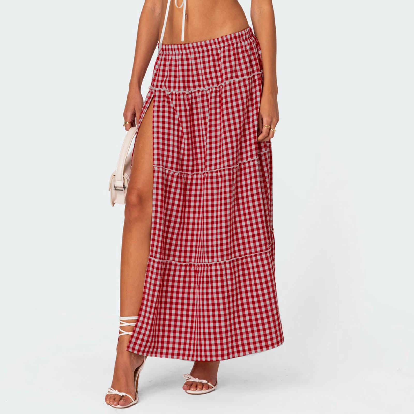 Women Summer A-Line Skirt Casual Plaid Print High Split Elastic Waist Skirt for Beach Vacation Club Streetwear