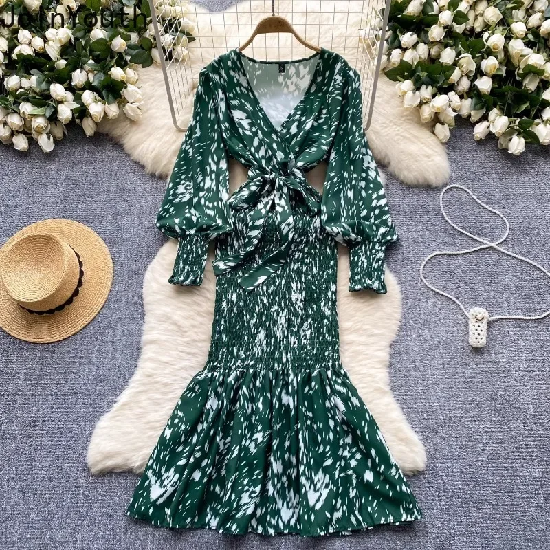 Vintage Woman Dress V-neck Lantern Sleeve Temperament Robe Femme Tunic Folds Bodycon Print Maxi Dresses 2024 Vestidos De Mujer