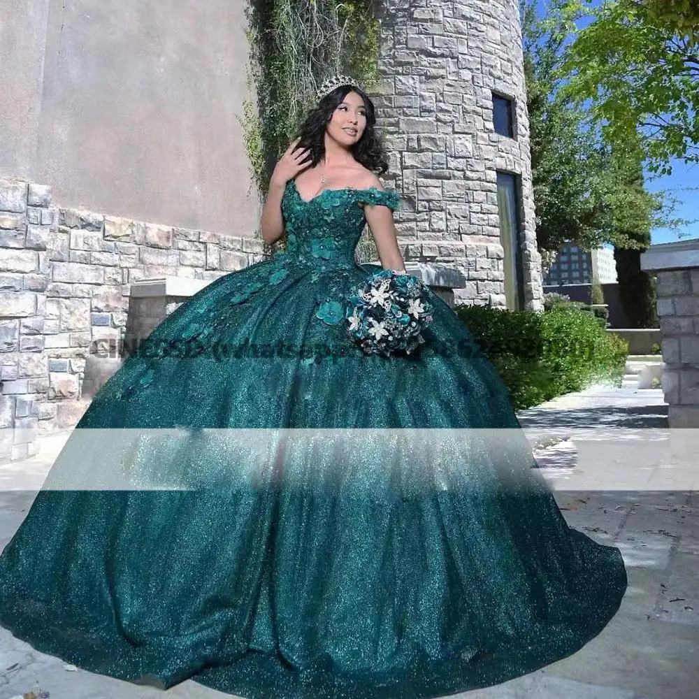 فساتين الأميرة Quinceanera الخضراء الداكنة ، مكشوفة الكتفين ، دانتيل مزخرف ، 15 حفلة حلوة ، فساتين أعياد الميلاد ، مقاس مخصص ، 15 ، ، ، ،