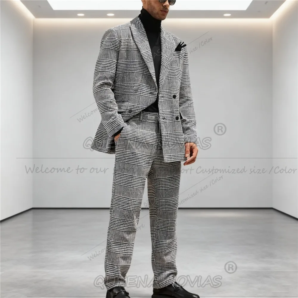 

Классические мужские костюмы с узором «гусиные лапки», свободные стильные двубортные смокинги для жениха, комплекты из 2 предметов, мужские пиджаки в клетку для выпускного вечера, Ropa Hombre