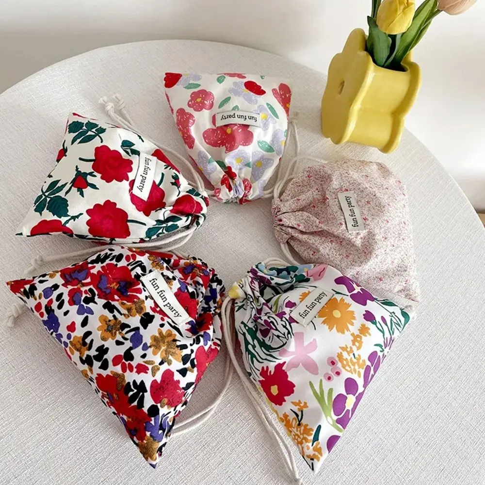 Casual Colorful Floral Drawstring Bag Retro Mini Makeup Bag Cosmetic Bag Ins Style Storage Pouch Daily