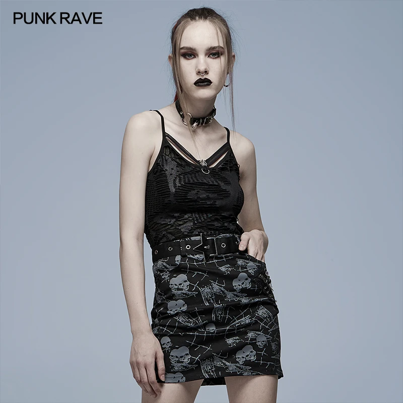 

PUNK RAVE Women Goth Daily Sexy Camisoles Perspective Elastic Knitted Skull Tops Chest Is Decorated Tees Adjusted Shoulder Strap