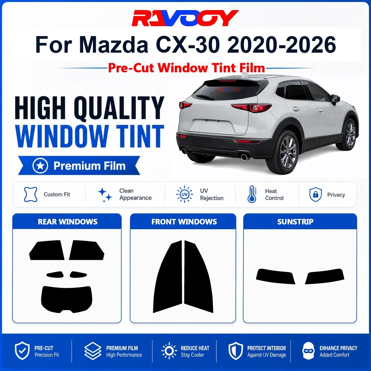 Премиальная предварительно нарезанная тонировочная пленка для окон Mazda CX-30 2020-2026 (передние и задние стекла) с защитой от УФ-излучения и теплоизоляцией, обеспечивающая конфиденциальность
