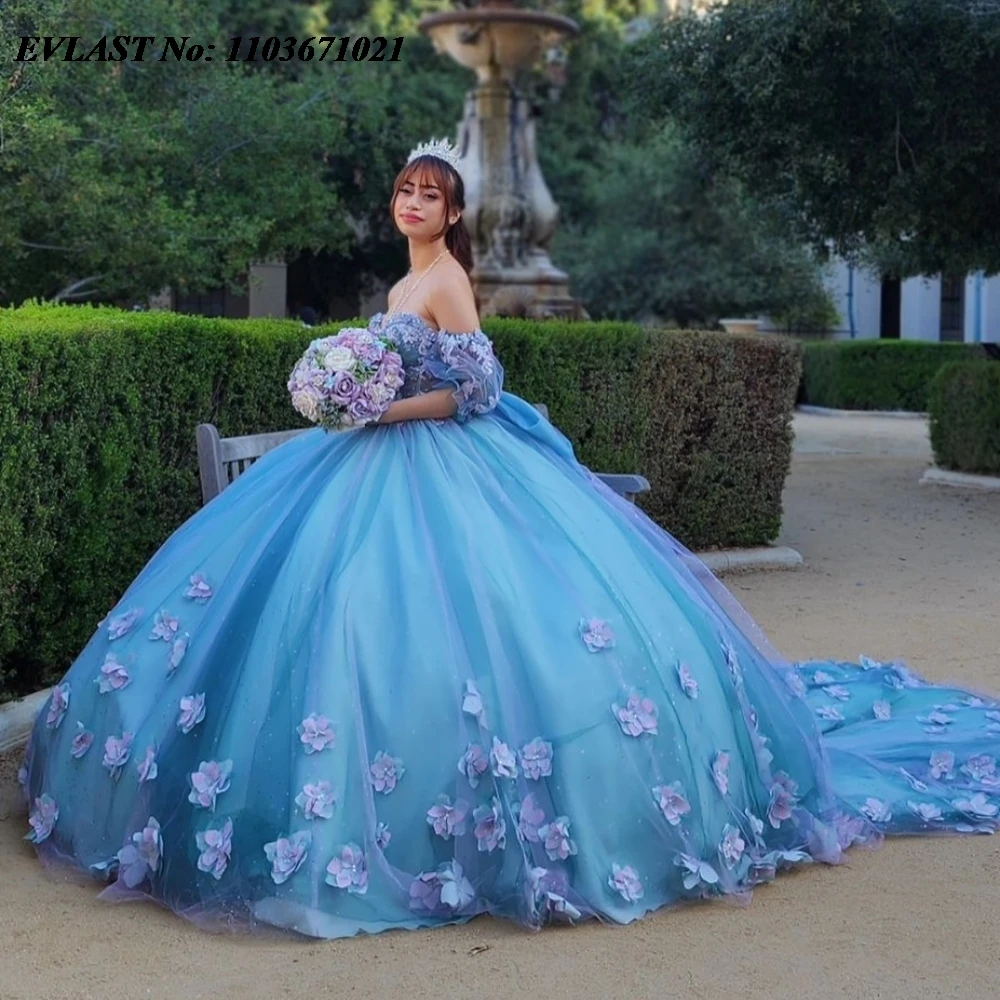 

EVLAST Customized Blue Quinnceanera Dress Ball Gown Flowers Applique Beaded Bow Mexico Corset Sweet 16 Vestidos De 15 Anos SQ639