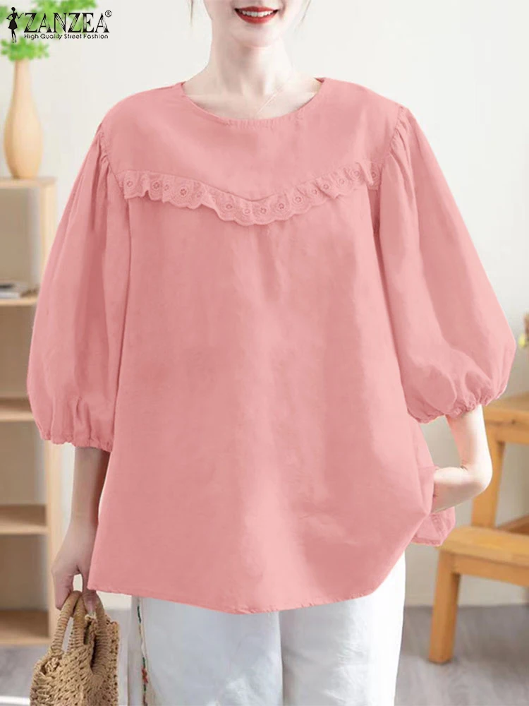 

ZANZEA Casual 3/4 Lantern Sleeve Women's Blouses Everyday O Neck Lace Trim Solid Color Blusas Mujer 2025 Summer Vintage Tops