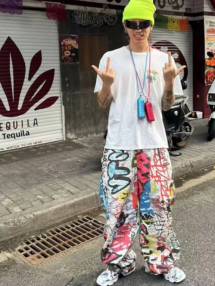 

Vibe fiti Digital Print Wide Leg Pants Men's Loose Casual Long Trousers Straight Cut Loose Fit Youthful Sle All Seasons