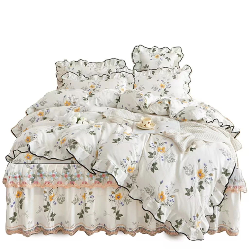 

Premium Cotton Princess Soft Breathable Twill Lace 1.8*2.2m Four Piece Suit Bed Skirt Bedspread Duvet Cover