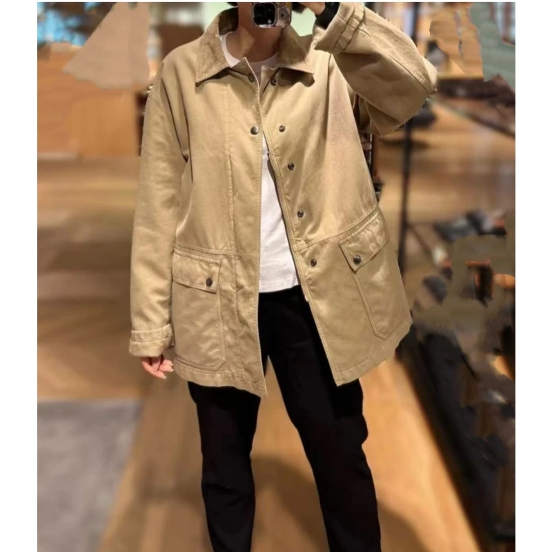 

25 year autumn and winter workwear style women's pure cotton retro corduroy collar medium long jacket jacket top