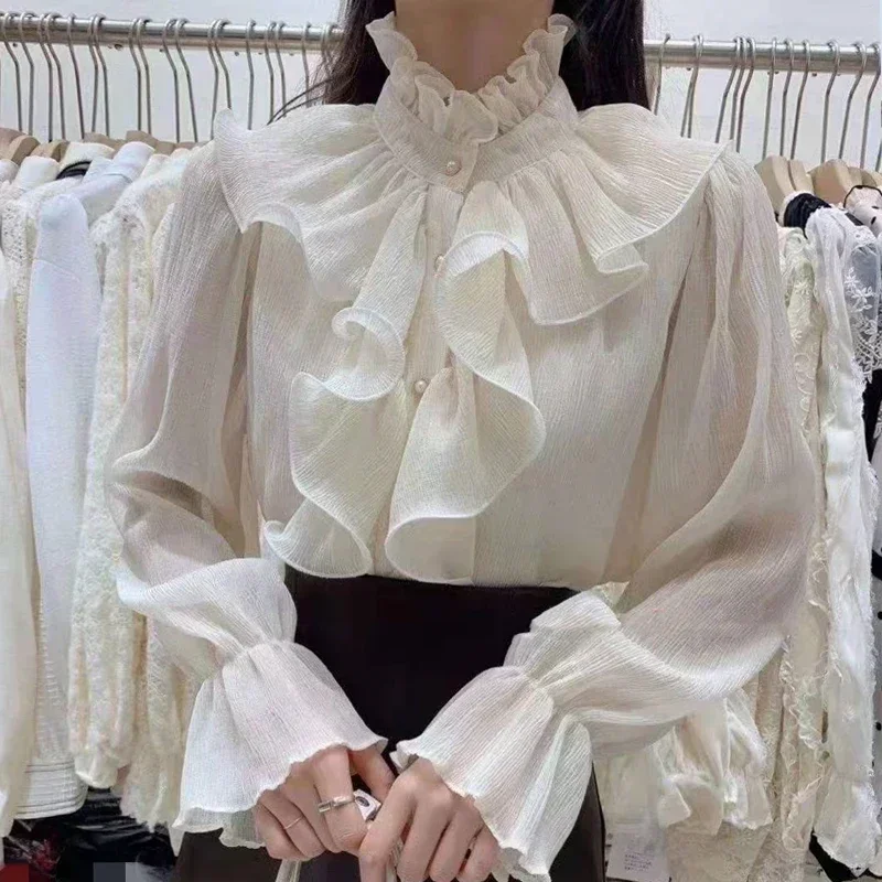 

2023 Spring Ruffle Stitching Palace Blouse Women Long Flare Sleeve Buttons Ruched Loose Top New Stand Collar Chiffon Shirt 12946