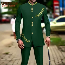 African Suit for Men Dashiki Clothes Long Sleeve Embroidery Coats and Pants Set Slim Fit Outfits Formal Wedding Party A2316059