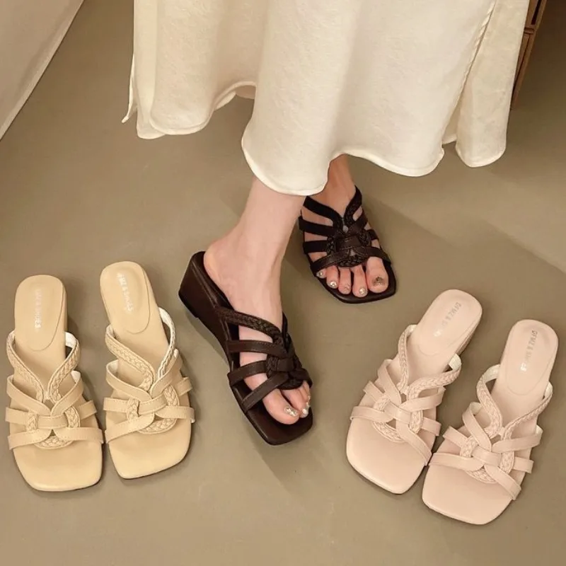 

Women's Square Open Toe Solid Color Weaving Style Wedge High Heel Slippers Summer Women Elegant Hollow Out Breathable Sandals