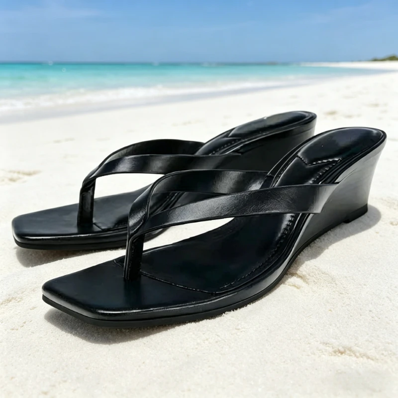 

Black Soft Leather PU Wedges Slippers for Women Fashion Square-Toe Design Slide Sandals Sexy Summer Clip Toe Beach Flip Flops