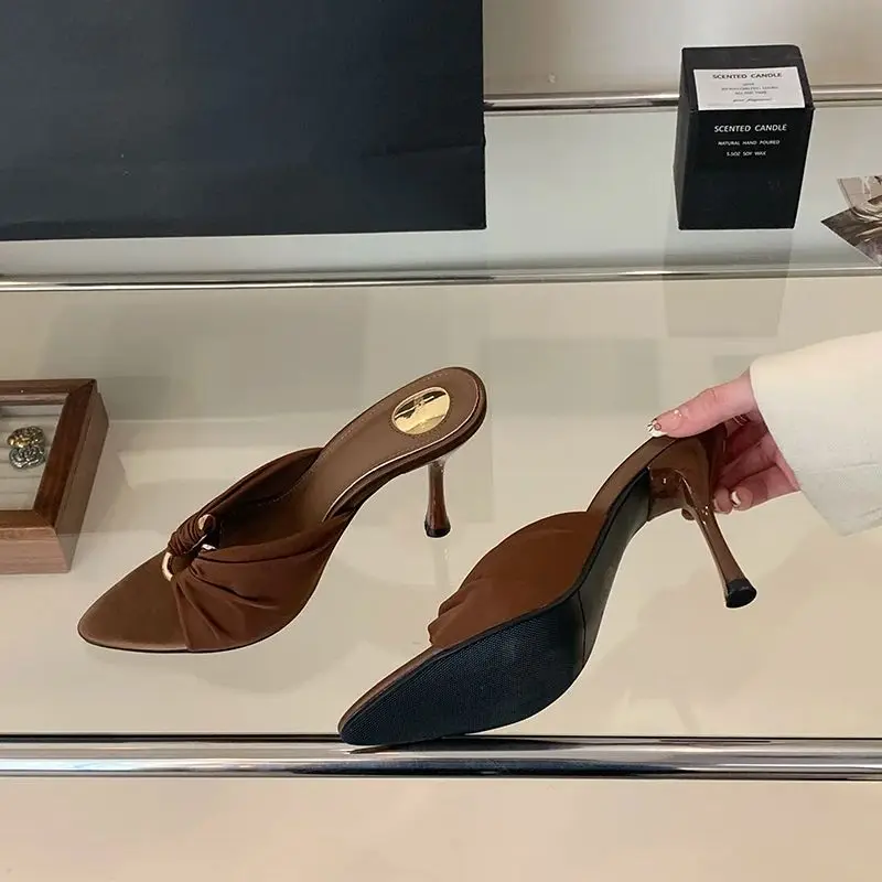 8cm Brown Heels Woman Slippers Metals Buckle High Heels Sandals Leisure Ladies Summer Shoes Black Zapatos Stilettos Mujer