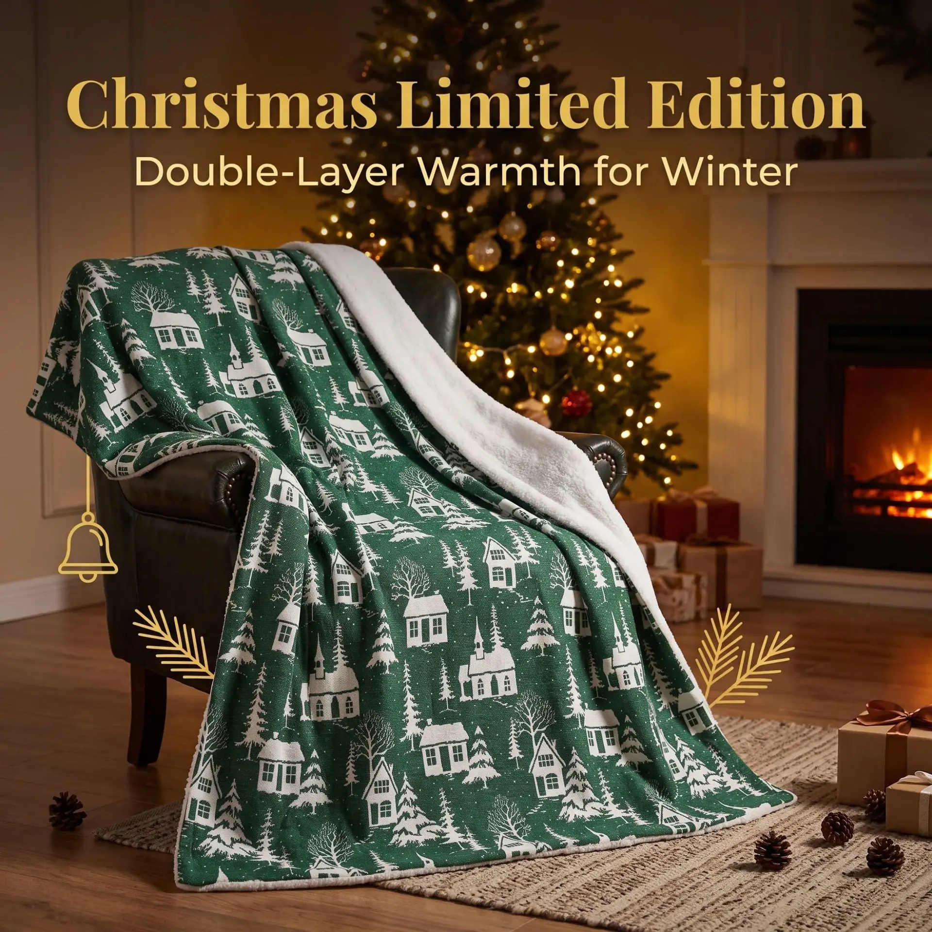 Christmas Chenille Sherpa Throw Blanket Double Layer Thickened Printed Blanket Soft Warm Reversible Sofa & Bed Blanket Xmas Gift