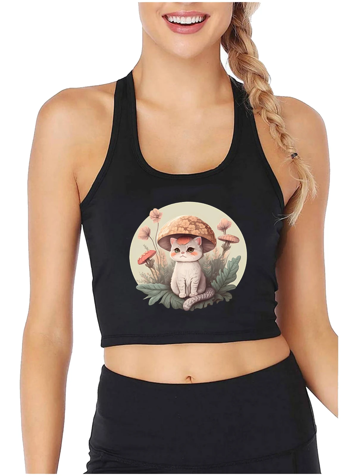 

Aesthetic Cat Toadstool Hat Mushroom Cottagecore Design Sexy Crop Top Girl's Cute Anime Style Tank Tops Customizable Camisole