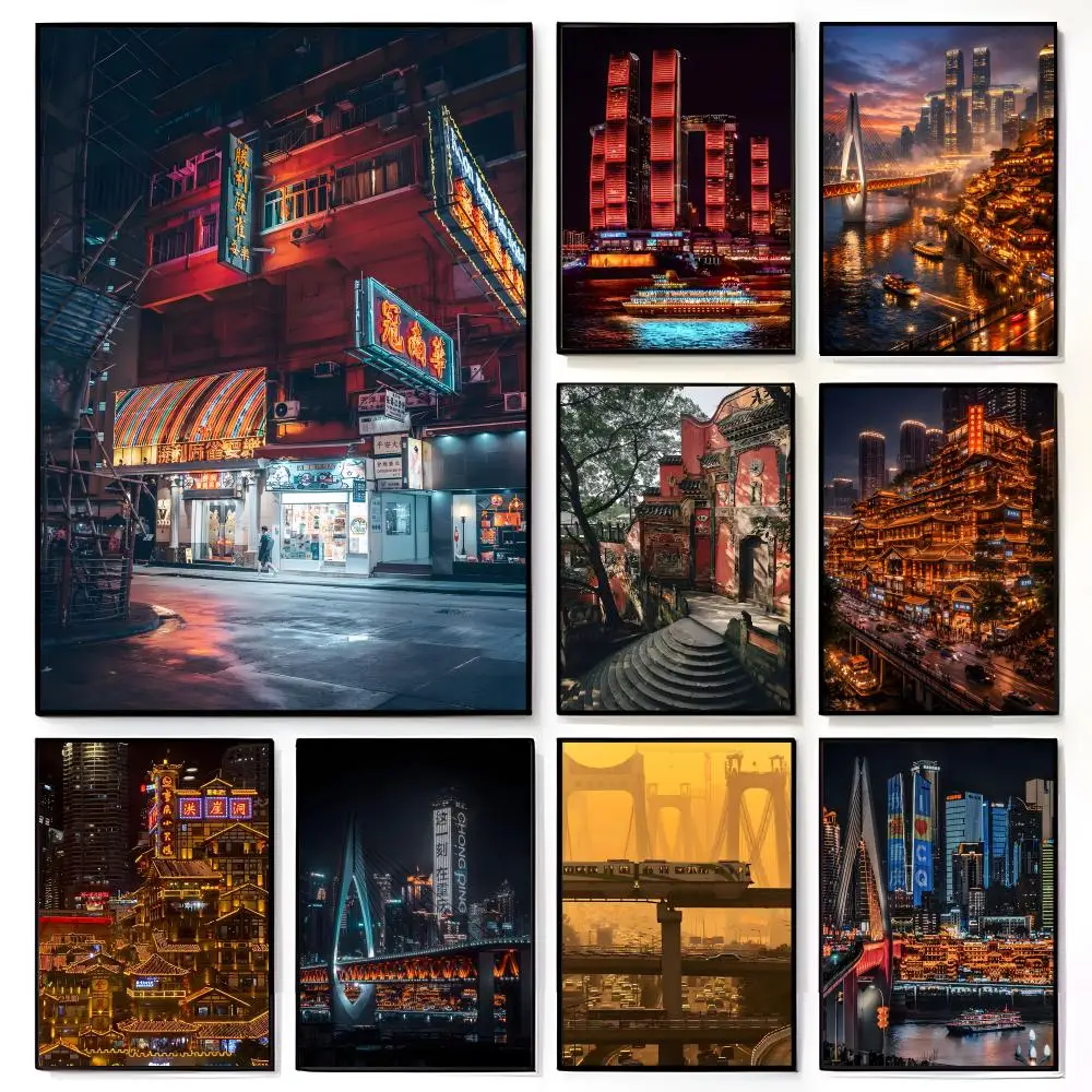 Casual Scenic Bustling City C-Chongqing Poster American Film Mural Home Childrens Room Wall Decor Print