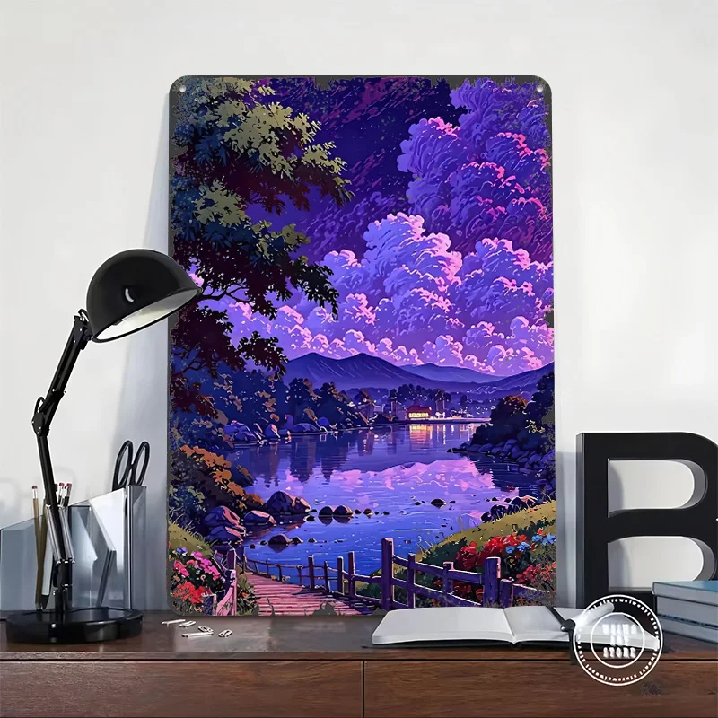 Enchanting Twilight River Landscape 3D Texture Metal Poster Customized Wall Art Tin Sign Gift for Mancave Coffee Bar Accessories